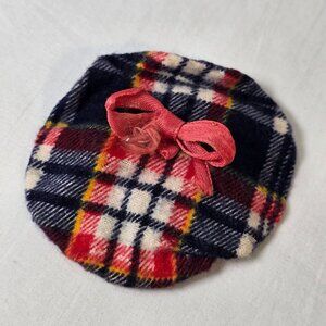 Vintage Doll Hat Beret Plaid Tartan Small Baby Flannel Bow Scottish Accessory